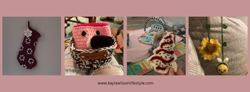 Four crochet items on a pink background: a holiday stocking, a can koozie, a Christmas ornament, and a rearview mirror charm