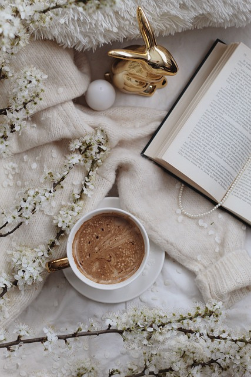 Coffee and a book set out to start a morning routine.